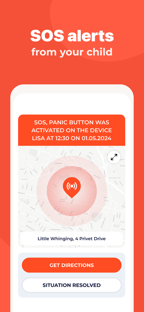 Parental Control App - Kidslox - Kidsloxアプリの画面に、地図上に子供の位置が表示されたSOSパニックボタンアラートが表示されています。