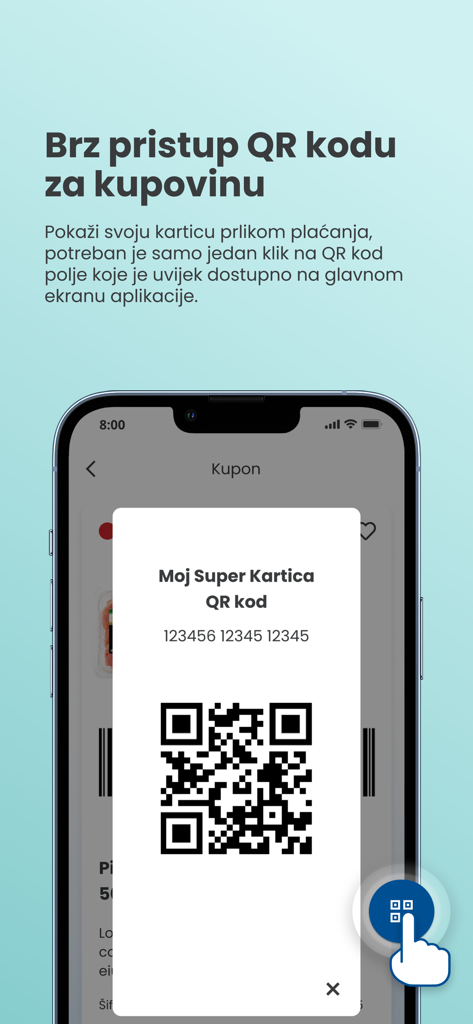 Super Kartica CG App-Oberfläche mit einem Loyalty-Programm-QR-Code für schnelles Auschecken