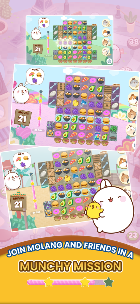 Molang Match'n Munch - Molang and Piu Piu match 3 puzzle gameplay screens with cute food items