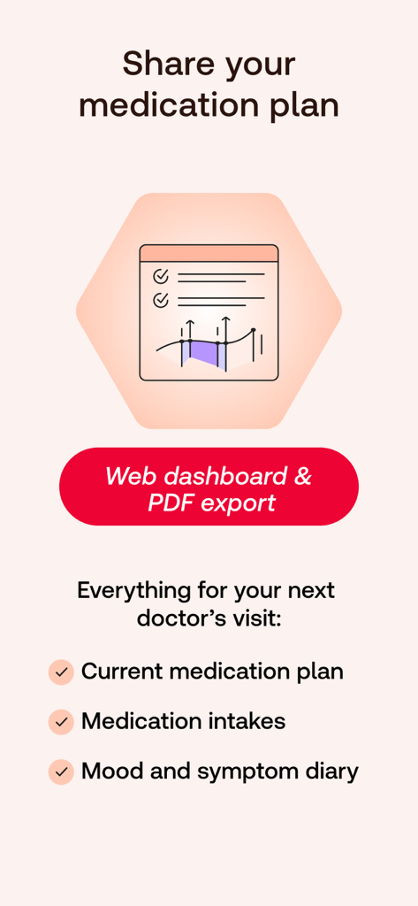 MyTherapy app interface for sharing medication plans and symptoms with doctors via PDF export.