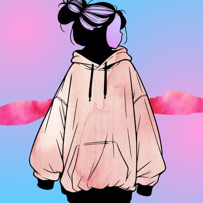 realistic girl with a oversized sweatshirt on and a bun