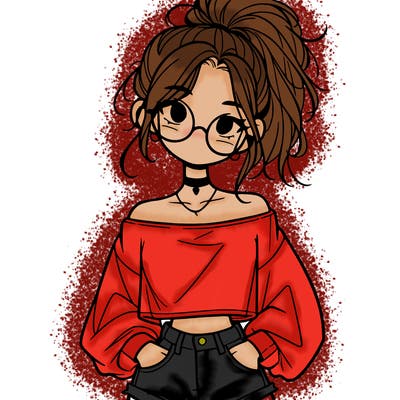 girl with a messy ponytail glasses a baggy crop top and jean shorts