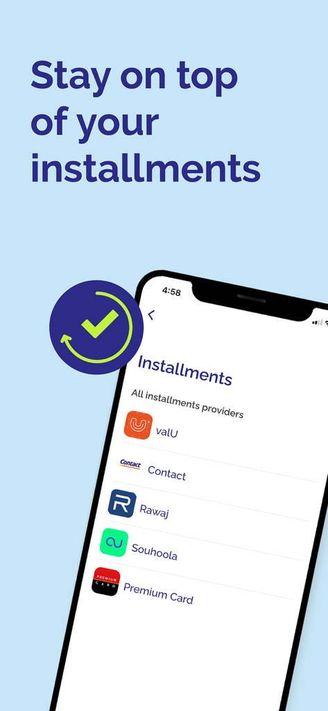 Flash: Mobile Payments & Bills - Flash 앱의 할부 기능, 결제 제공업체 목록을 보여주는 스마트폰 화면