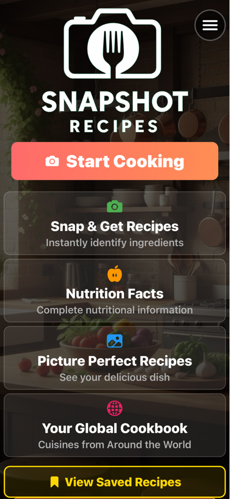 Menú principal de la aplicación Recetas Instantáneas con botones para Iniciar Cocina y Sacar Foto y Obtener Recetas