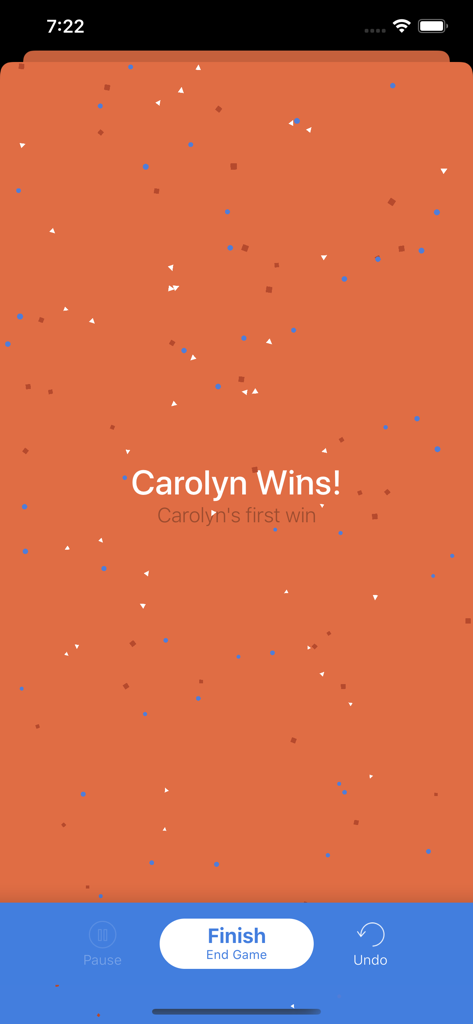 Finska Party app victory screen showing a win notification with confetti
