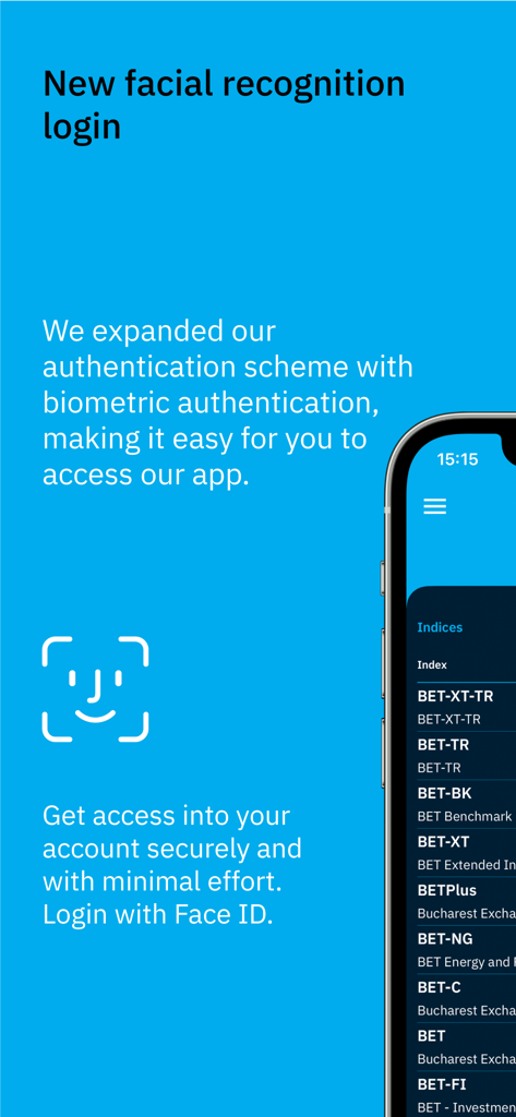 Écran de connexion par reconnaissance faciale de l'application BVB Trading