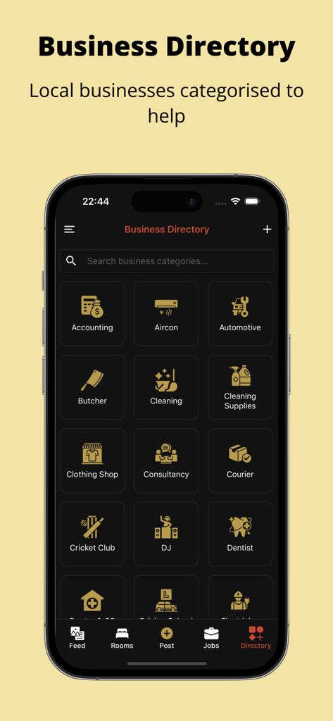 Kaam Kotha - Ein Branchenverzeichnisbildschirm in der Kaam Kotha App, der verschiedene lokale Dienstleistungskategorien wie Buchhaltung und Reinigung anzeigt.