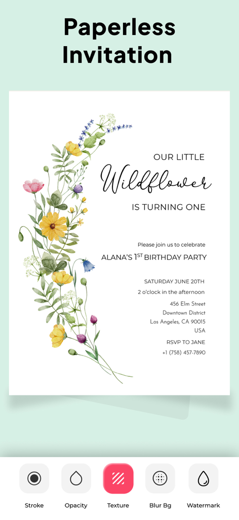 Invitation Card Maker . RSVP - A floral wildflower themed digital birthday invitation card displayed in the app editor with design tools