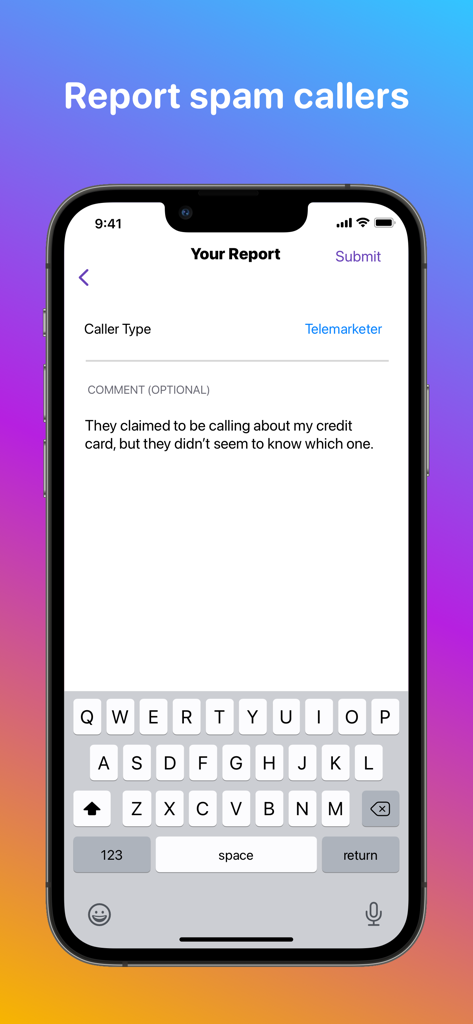 Interface do aplicativo Hiya mostrando um usuário relatando um chamador de spam como telemarketing com um comentário descritivo
