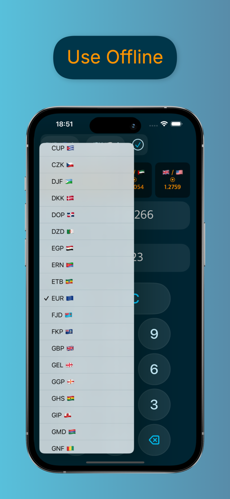 Tela do smartphone mostrando o aplicativo Live Currency Converter com uma lista de seleção de moedas e opção de modo offline