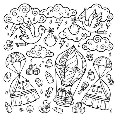 Celebrate a unique arrival with this whimsical Thunderstorm Baby Shower coloring page. Featuring storks, storm clouds, and adorable baby items, it's a delightful blend of drama and joy.