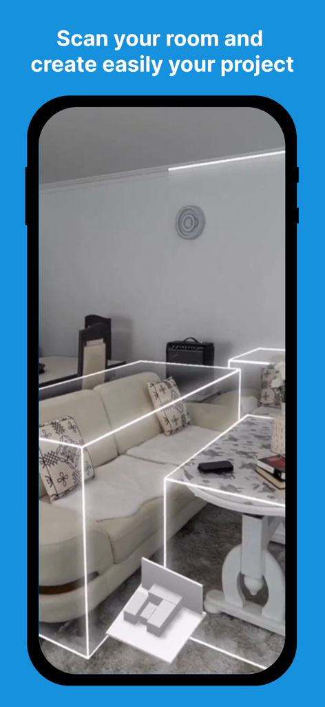 Smartphone screen showing a 3D scan of a living room using Lidar technology for floor planning