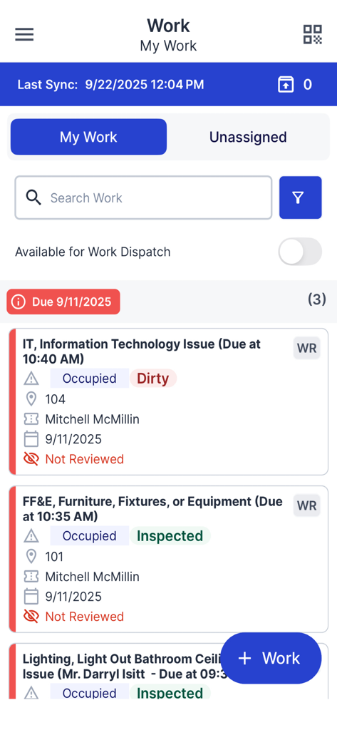 Transcendent Work Management - Mobile interface of Transcendent Work Management showing a list of assigned maintenance work orders with status details.