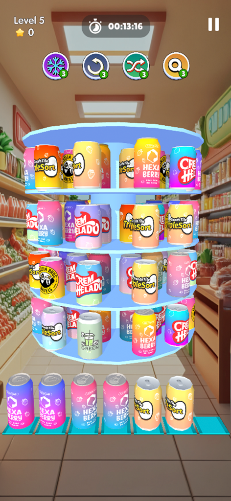 Una pantalla de juego móvil que muestra latas de bebidas 3D en estantes giratorios que se están clasificando en tripletes en la parte inferior