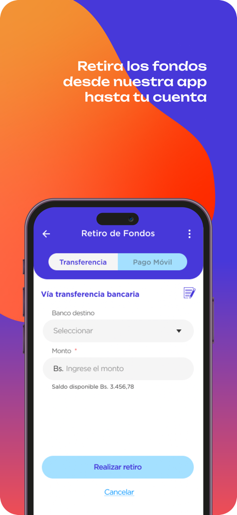 Humaniz App - Interface of Humaniz App showing the fund withdrawal screen with options for bank transfer and mobile payment