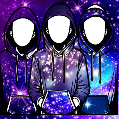 3 faceless people in  hoodies