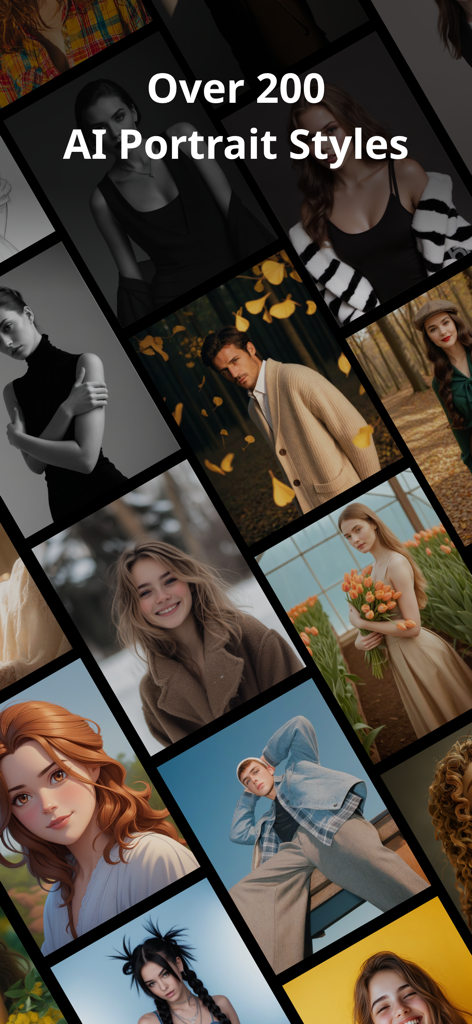 Photo Enhancer AI - PhotoPlus - A collage showcasing a variety of AI portrait styles including professional, cartoon, and artistic filters.