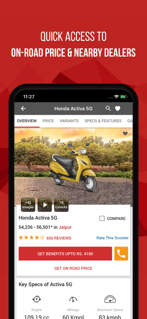 BikeDekho - Mobile app screen showing scooter features and price information on BikeDekho