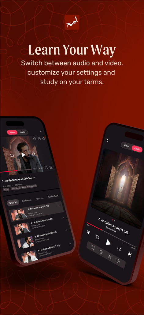 Two mobile phone screens showing the Bayyinah TV app interface for switching between video and audio learning modes