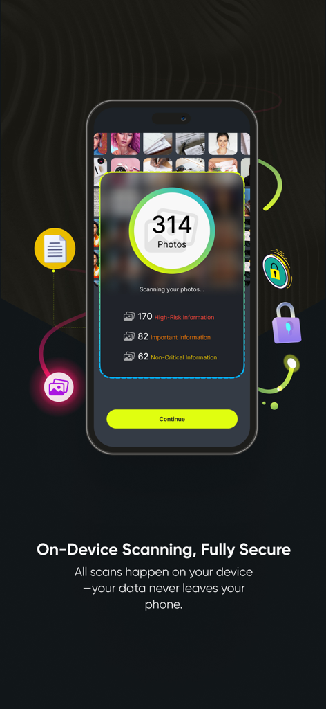 Interfaz de la app Privacy Guard mostrando resultados de escaneo para fotos y documentos sensibles