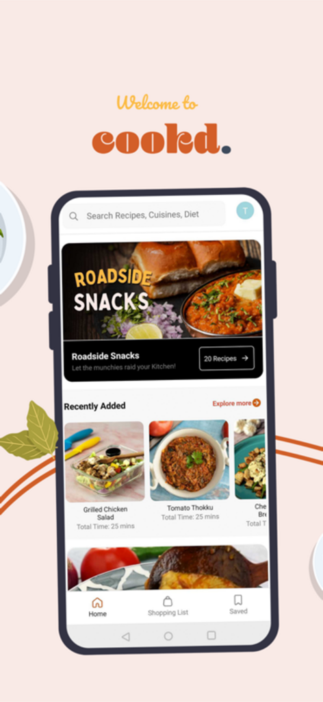 Cookd: Recipe, Grocery Planner - Mobile interface of the Cookd app featuring recipe search and meal suggestions.