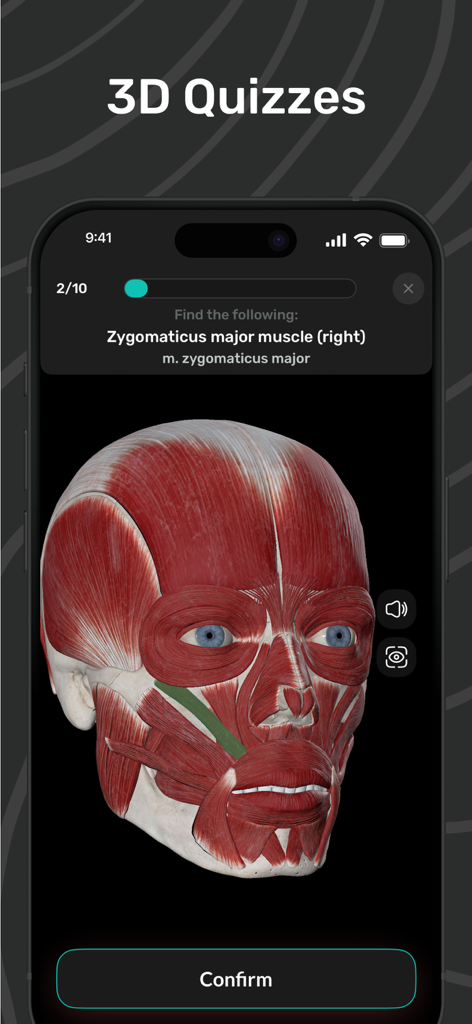Interactive 3D anatomy quiz interface for identifying facial muscles.