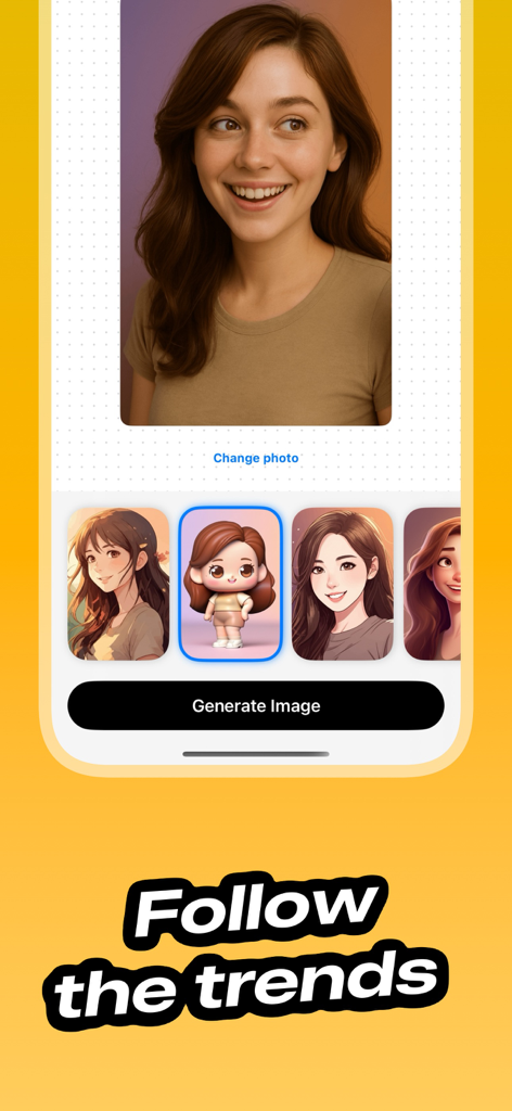 Cartoon Photo Editor ToonShot - ToonShot mobile interface displaying a photo of a woman and various AI-generated cartoon style options for social media trends.