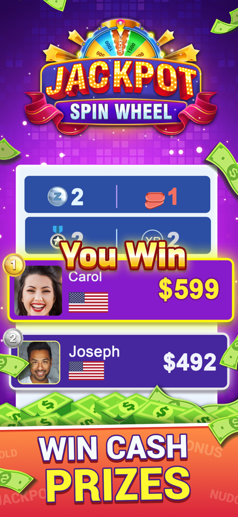 Spin Wheel: Win Real Money - Jackpot Spin Wheel leaderboard showing winners and real cash prizes