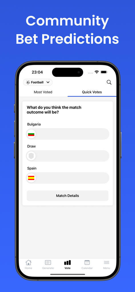 BetScore: Sports Betting Picks - BetScore app interface showing community voting for football match outcomes and predictions.