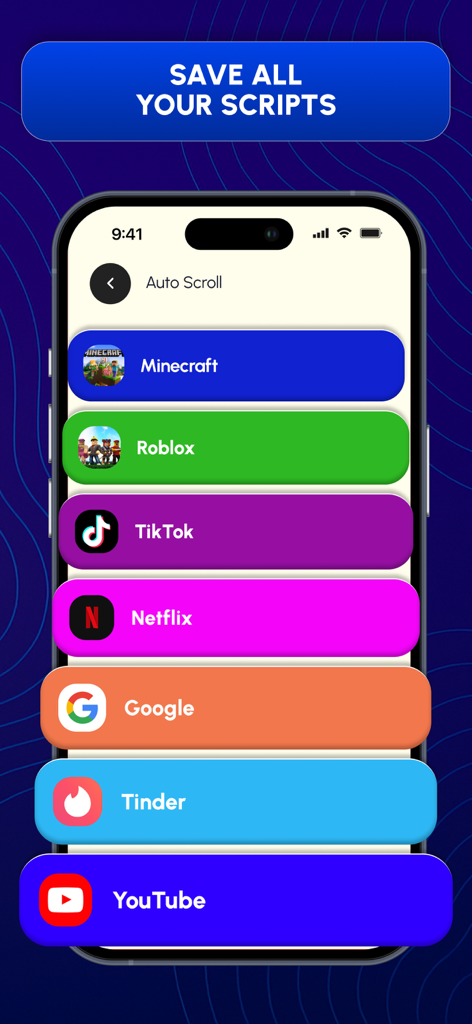 Una pantalla de smartphone que muestra la aplicación Auto Clicker PRO con perfiles de script guardados para juegos y aplicaciones como Roblox y TikTok