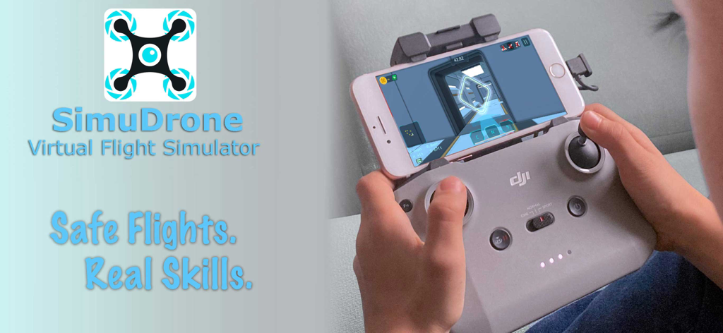 A person using a DJI remote controller with the SimuDrone flight simulator app on an iPhone