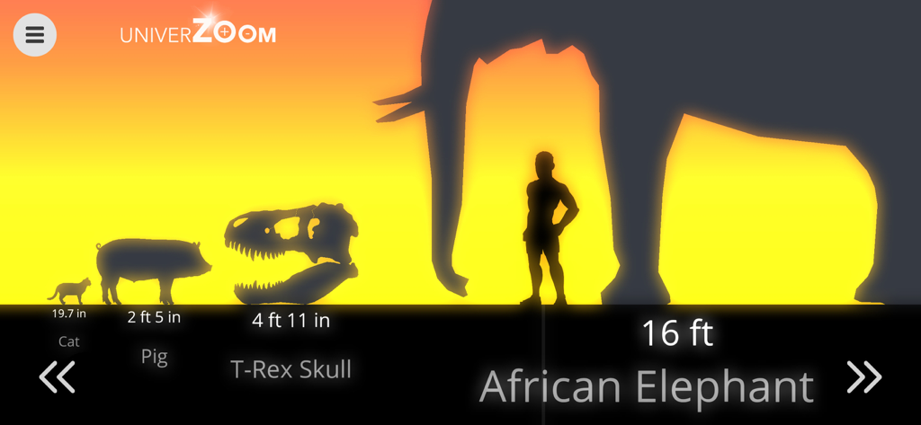 Univerzoom 2D Size Comparison - Una comparación visual del tamaño de un gato, un cerdo, un cráneo de T-Rex, un humano y un elefante africano en la aplicación Univerzoom 2D