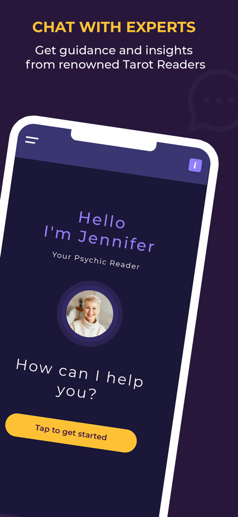 Pantalla de la aplicación móvil para chatear con una tarotista profesional llamada Jennifer.