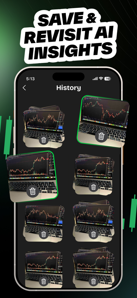 Trade AIアプリの履歴画面。保存されたトレーディングチャート分析インサイトのグリッドが表示されています。