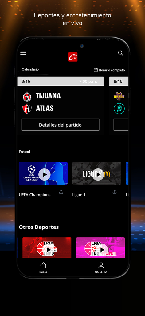 Caliente TV app interface showing live soccer matches and sports leagues