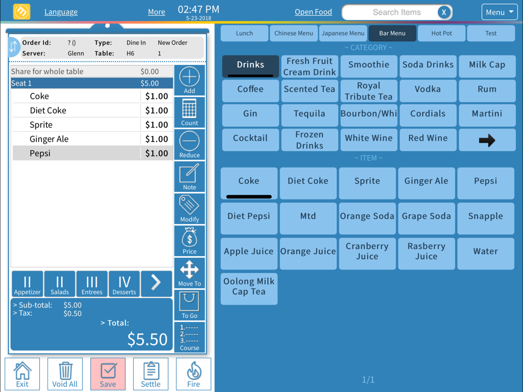 Menusifu Matrix - Menusifu Matrix iPad POS interface showing an active beverage order with items like soda and juice for a restaurant table