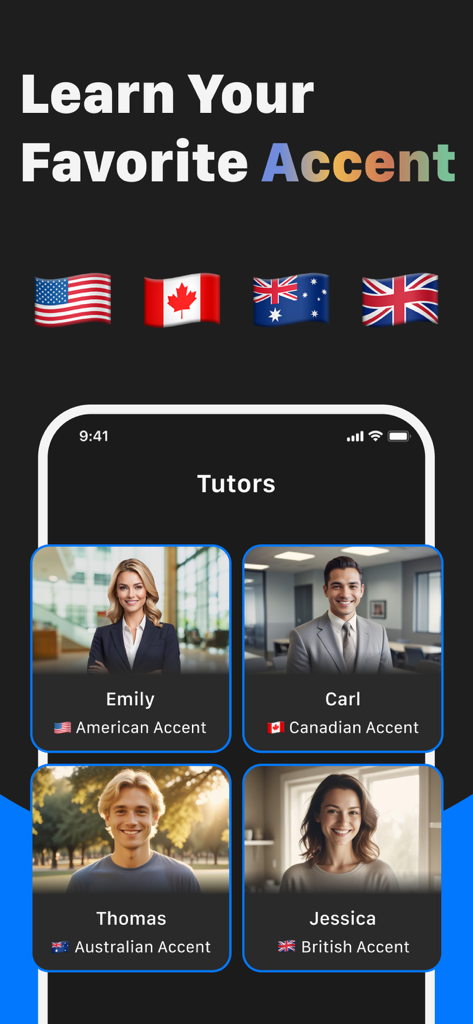 Lingua : AI English Learning - Pantalla de la aplicación móvil mostrando tutores de IA para acentos estadounidenses, británicos, canadienses y australianos