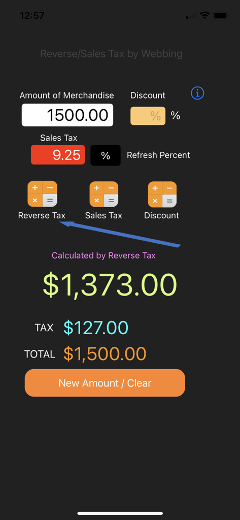Interface de l'application TVA inversée montrant un calcul inversé à partir d'un total de 1500 dollars avec une taxe de 9,25 %.