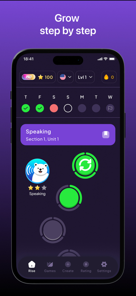 Zehnly AI - Interfaz de la aplicación Zehnly AI que muestra un camino de aprendizaje de inglés gamificado con seguimiento del progreso diario y unidades de expresión oral.