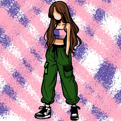 girl in baggy pants crop top and long hair