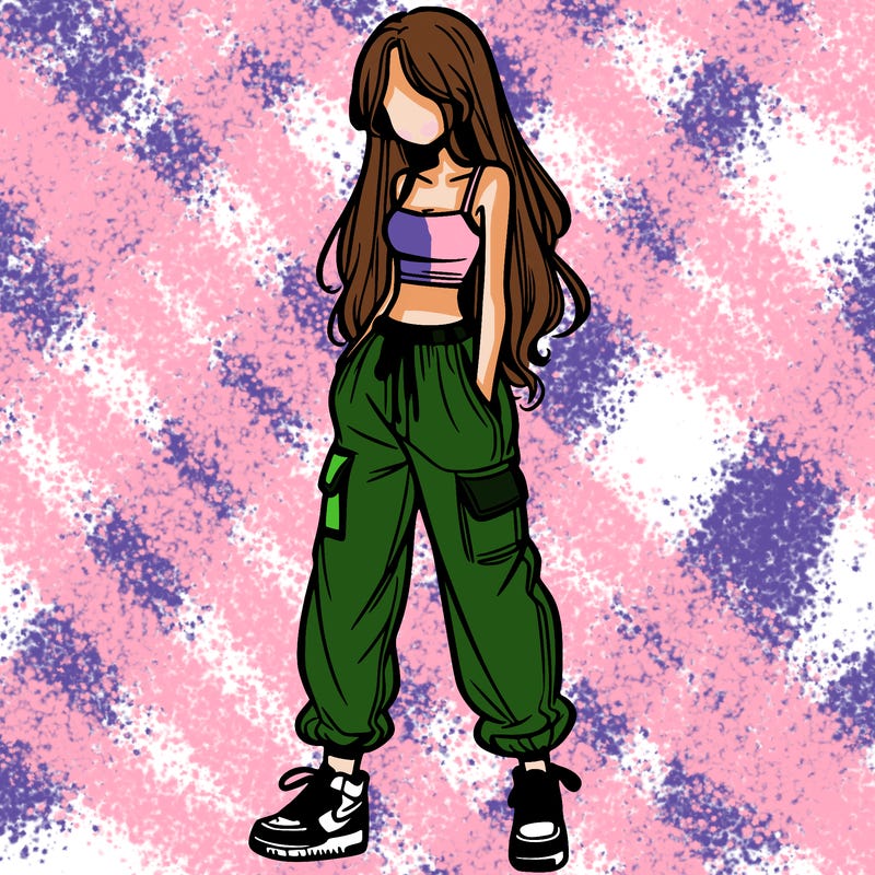 girl in baggy pants crop top and long hair