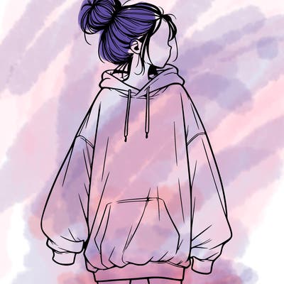 realistic girl with a oversized sweatshirt on and a bun