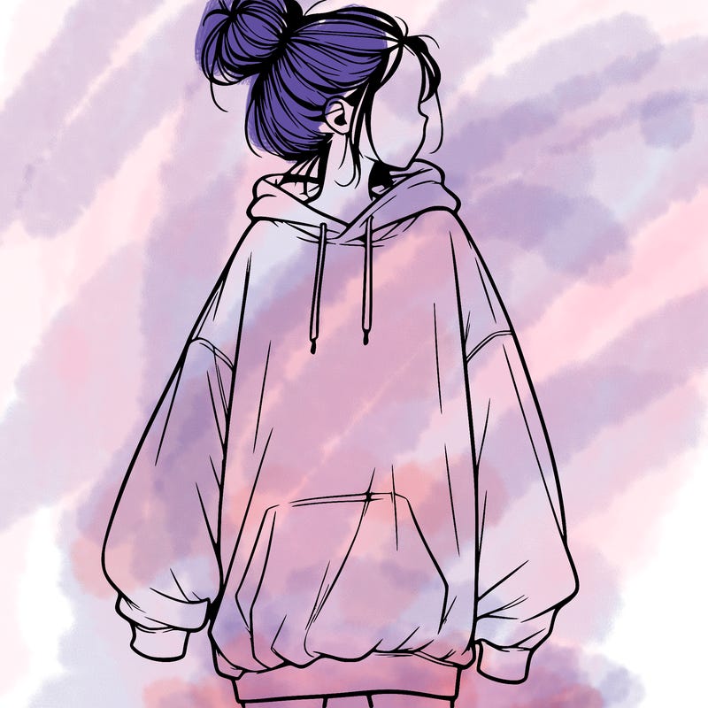 realistic girl with a oversized sweatshirt on and a bun
