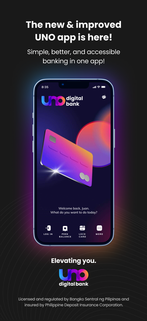 UNO Digital Bank mobile app interface on a smartphone featuring a virtual debit card and banking login screen.