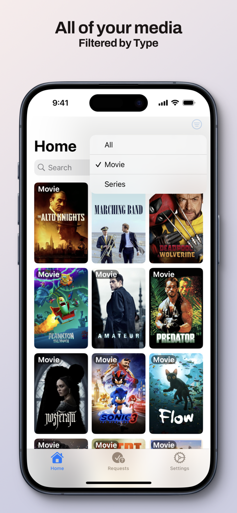 Ovue for Overseerr - Ovue for Overseerr iOS app interface showing a movie library with a filter menu open for selecting between all movies and series.