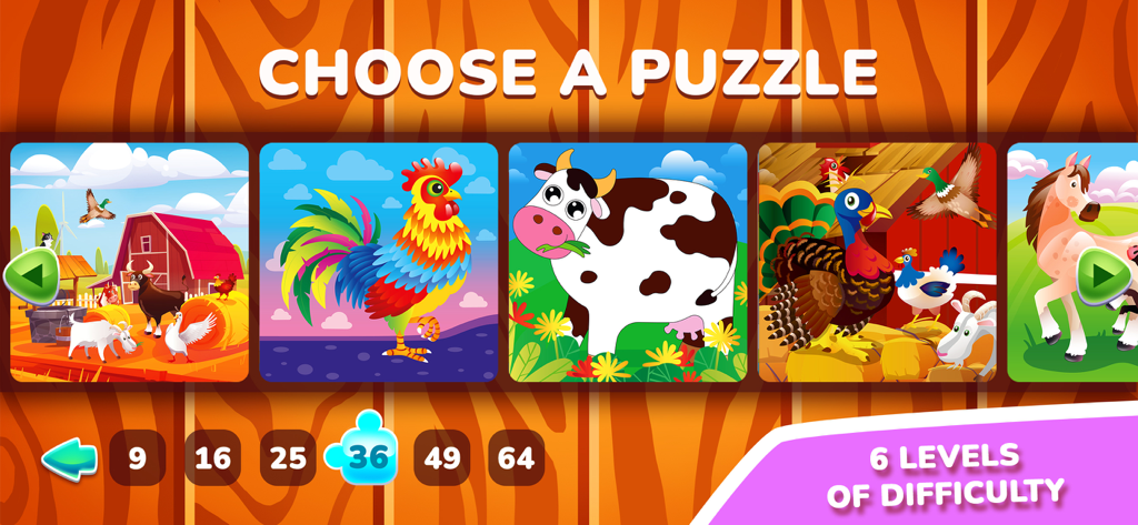 QUOKKA: Toddlers' Puzzle Games - Menu du jeu de puzzle QUOKKA montrant des thèmes d'animaux de la ferme et six niveaux de difficulté
