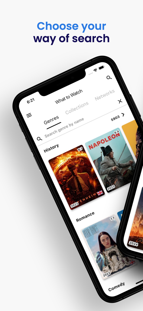 Interface of the What to Watch app showing movie discovery by genre and collections