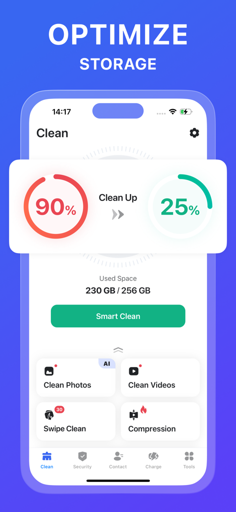Ora Cleaner app interface showing a 90 percent storage warning and a smart clean button to optimize phone space