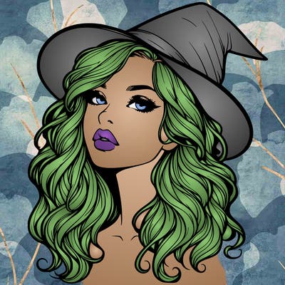 realistic witch girl with wavy hair and lips