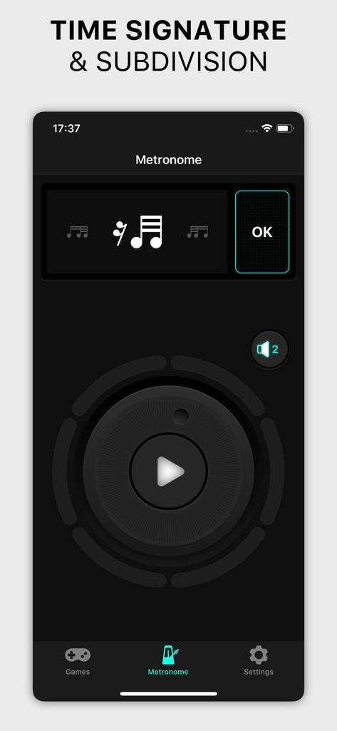 Metronome Pro app interface for adjusting time signature and beat subdivisions